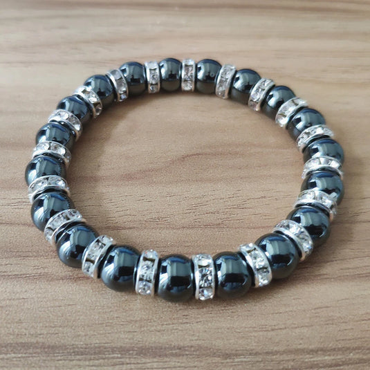 Hematite Beads with Rhinestones Stretch Bracelet for Men in Metallic Gray