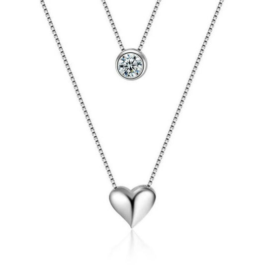 925 Silver Double Layered Necklace with a Crystal & Heart Charm