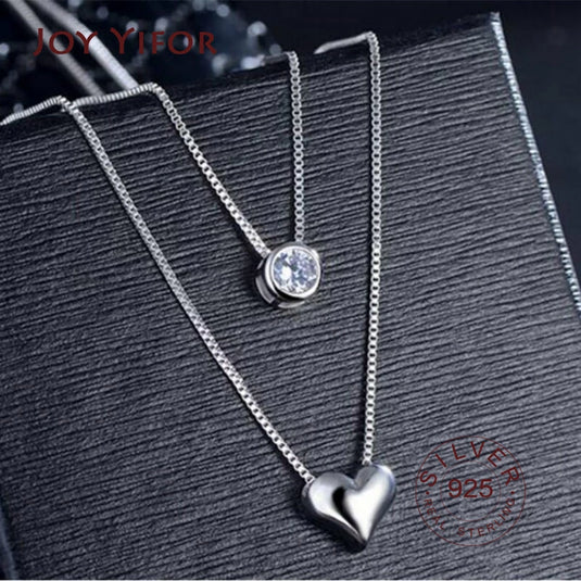 925 Silver Double Layered Necklace with a Crystal & Heart Charm
