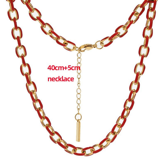 18K Gold Karat Plated Enamel Drip Oil Stainless Steel Red Color Cuban Chain Necklace for Men & Women