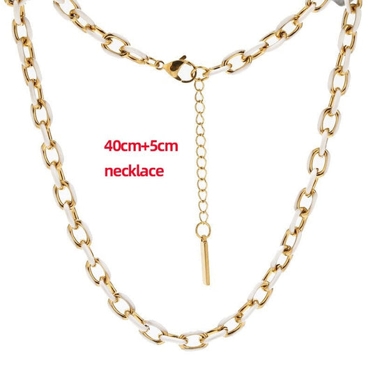 18K Gold Karat Plated Enamel Drip Oil Stainless Steel White Color Cuban Chain Necklace for Men & Women