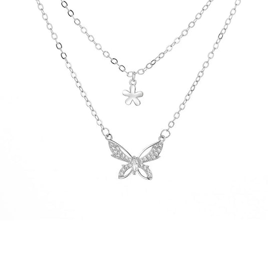 925 Silver Double Layer Butterfly & Flower Charms Necklace