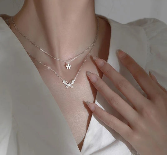 925 Silver Double Layer Butterfly & Flower Charms Necklace