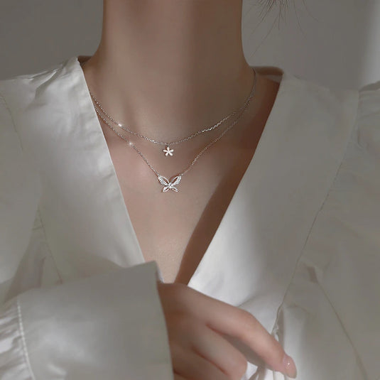 925 Silver Double Layer Butterfly & Flower Charms Necklace