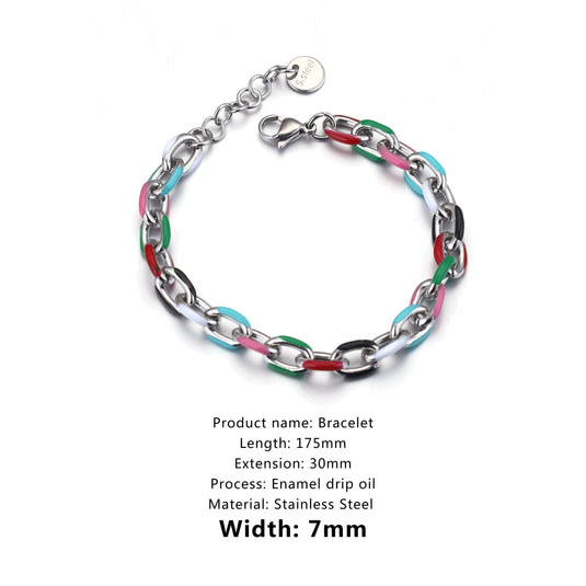 Enamel Drip Oil Stainless Steel Multicolor Cuban Chain Bracelet for Men & Women