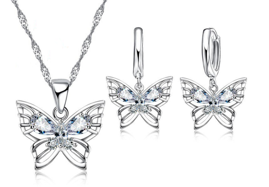 Classic Butterfly design 925 Silver Set with a Pretty Necklace and matching Earrings