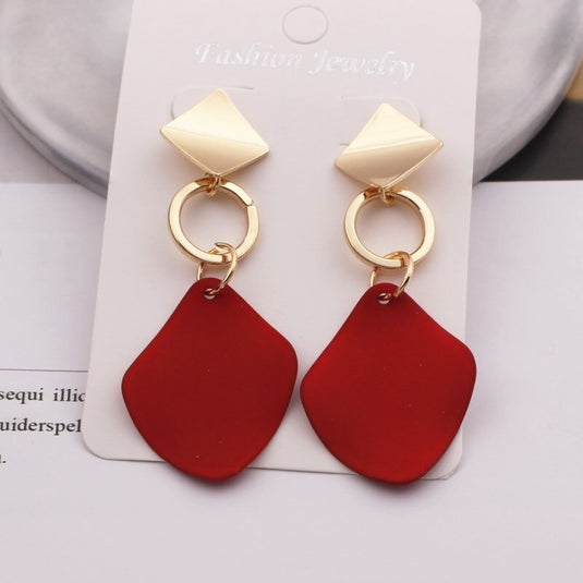 Korean Style Metallic Drop Earrings in a Wine Red