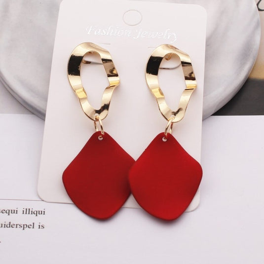 Korean Style Metallic Drop Earrings in a Wine Red