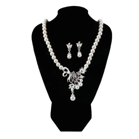 Rhinestone studded Vintage Pearl Set with Earrings & Necklace