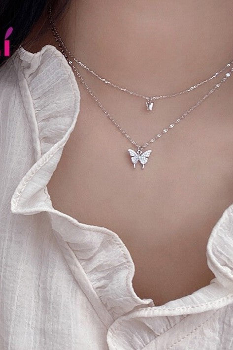 925 Silver Butterfly Double Layer Necklace (N)