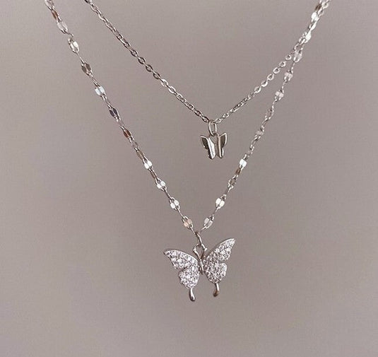 925 Silver Butterfly Double Layer Necklace (N)