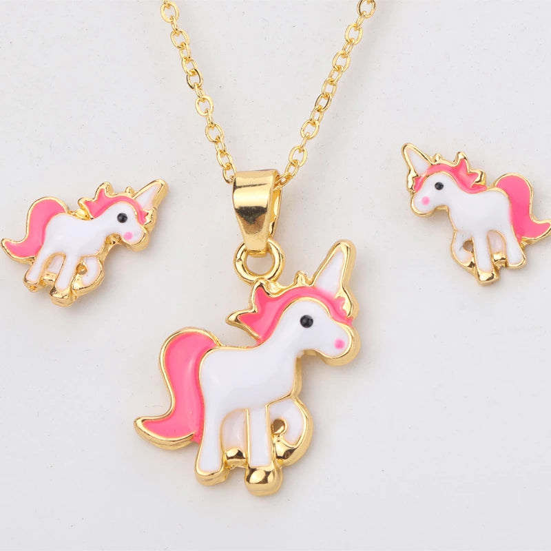 Cute Unicorn sets in Pink Necklace Earrings - Main Image