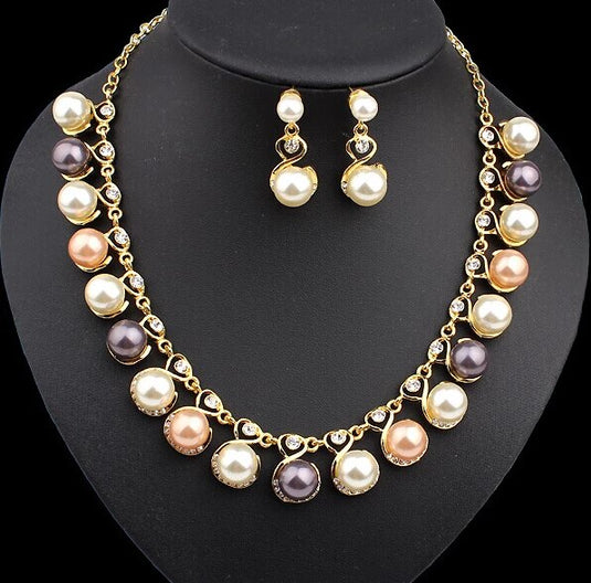 Rhinestone studded Vintage Multicolor Pearl Set with Earrings & Necklace