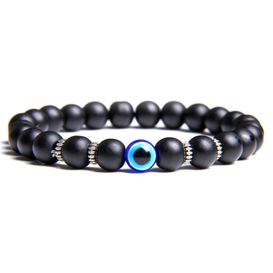 Black Onyx with Evil Eye Stone Stretch Bracelet for Men & Women
