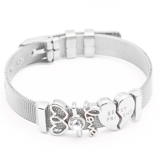 Stainless Steel Adjustable Bracelet With Charms of a Heart, love & Best Friends