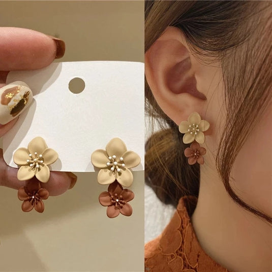 Coffee Flower Drop Earrings in Beige & Brown Color