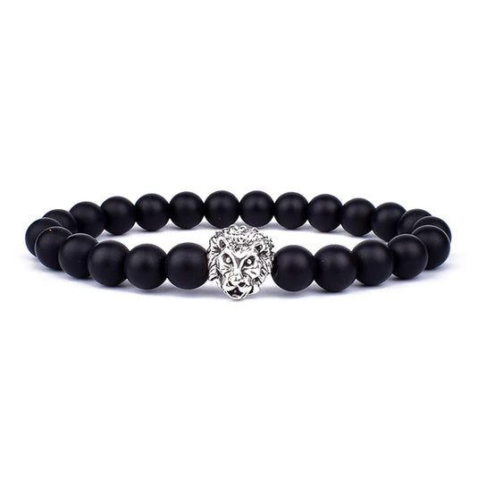 Lion Head Onyx Stone Beaded Stretch Bracelet for Men & Women