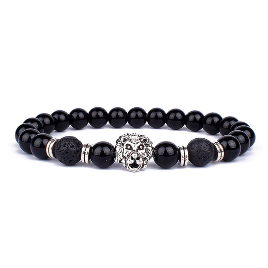 Lion Head Onyx Stone Beaded Stretch Bracelet for Men & Women