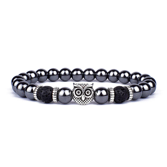 Owl Head Hematite Stone Beaded Stretch Bracelet for Men & Women