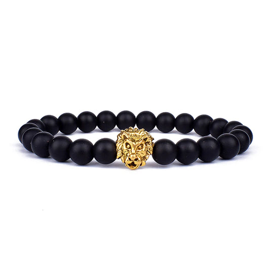 Lion Head Onyx Stone Beaded Stretch Bracelet for Men & Women