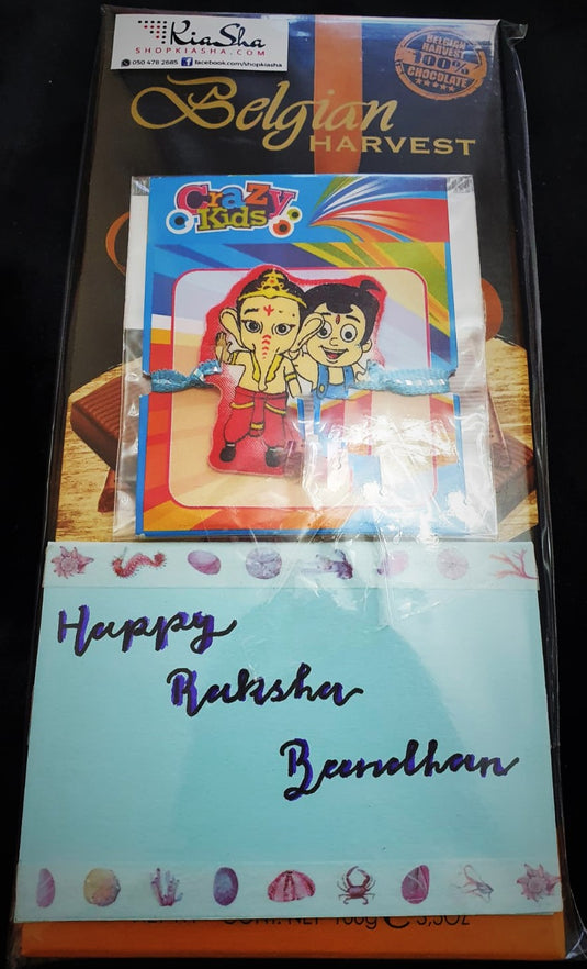 Cute Kids Rakhi packs with Belgian Chocolates and a Personalised Card includes Free Delivery