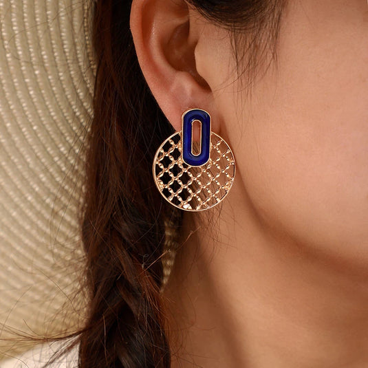 Korean Style Oil Drop Earrings in Blue & Gold
