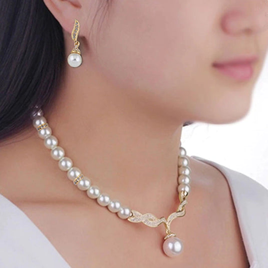 Crystal Studded Elegant Pearl Set with Necklace & Earrings