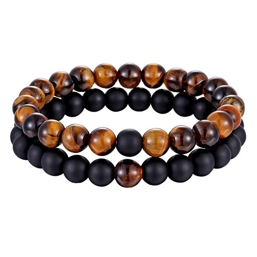 Beaded Lava & Onyx Rock Stone Stretch Bracelets for Men in Brown & Black