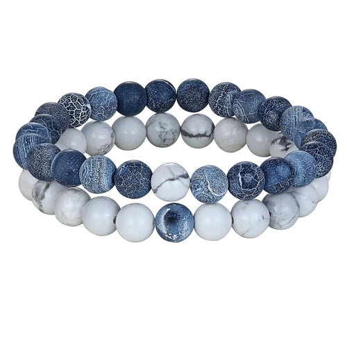 Beaded Lava Rock Stone Stretch Bracelets for Men in Blue & White