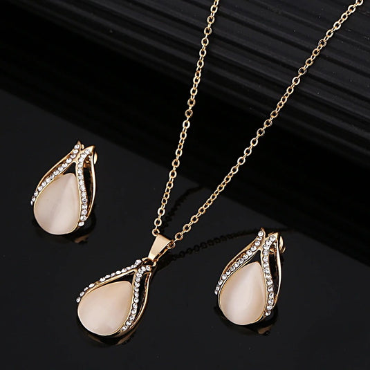 Beautiful Water Drop Crystal Studded Opal Stone Pendant Necklace with Earrings Set