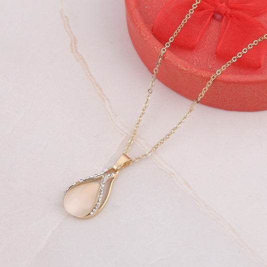 Beautiful Water Drop Crystal Studded Opal Stone Pendant Necklace with Earrings Set