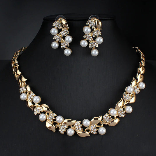 Simulated Pearl Set For Women in Gold - Necklace & Earrings