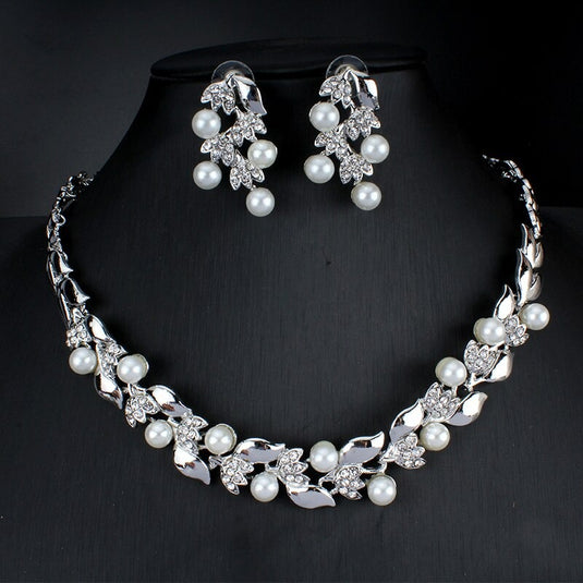 Simulated Pearl Set For Women in White Gold Finish - Necklace & Earrings