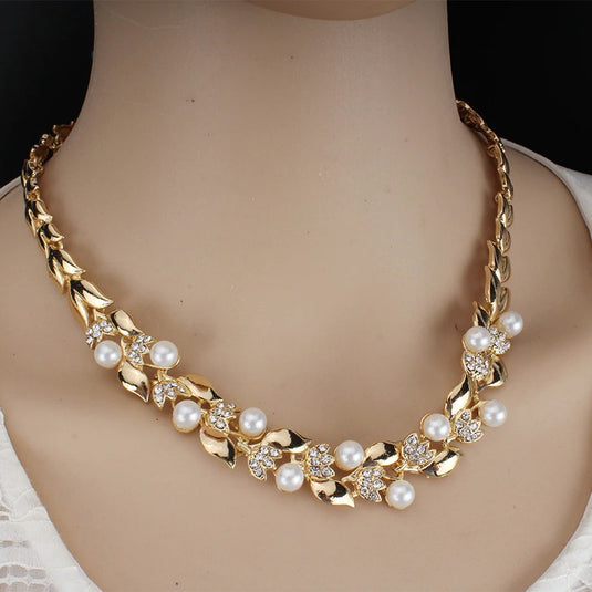 Simulated Pearl Set For Women in Gold - Necklace & Earrings