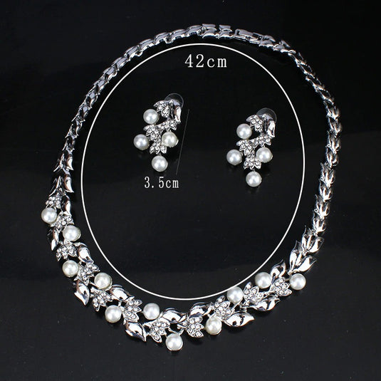 Simulated Pearl Set For Women in White Gold Finish - Necklace & Earrings