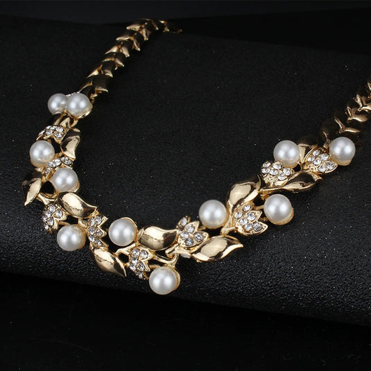 Simulated Pearl Set For Women in Gold - Necklace & Earrings