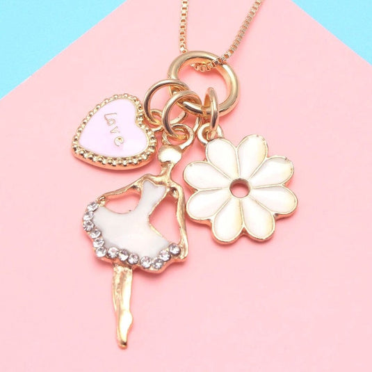Dancing Doll Multiple Charm Pendant with charms of a pretty flower and love