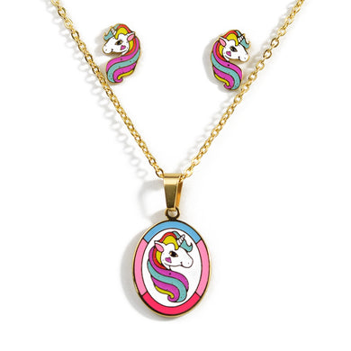 Stainless Set Unicorn Love in a Stylish Combination Colors - Necklace & Earrings