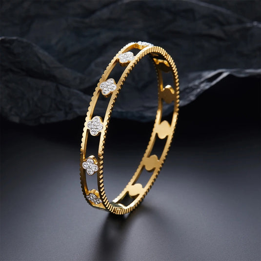 Classic Stainless Steel Crystal Cuff Bangle with Designs of Flowers, Clover, Butterfly, Tree of Life &amp; Evil Eye