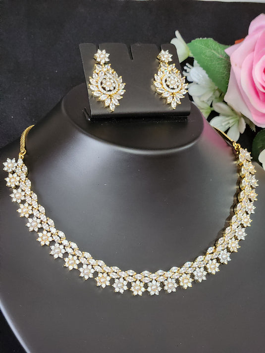 Premium AAA Grade Cubic Zircon / American Diamond Pearl Sets - Necklace & Earrings