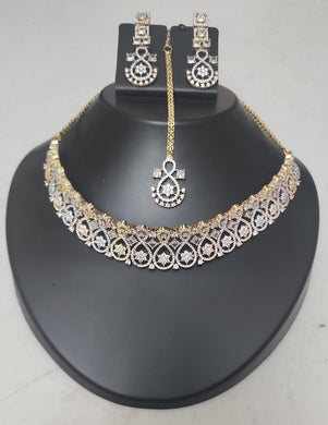 Premium AAA Grade Cubic Zircon / American Diamond Sets - Necklace & Earrings with Mangtikka