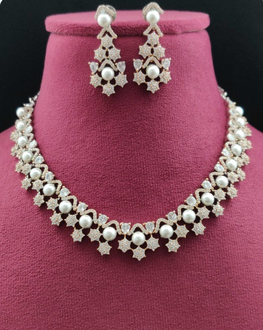 Premium AAA Grade Cubic Zircon/American Diamond Sets with Pearls - Necklace & Earrings