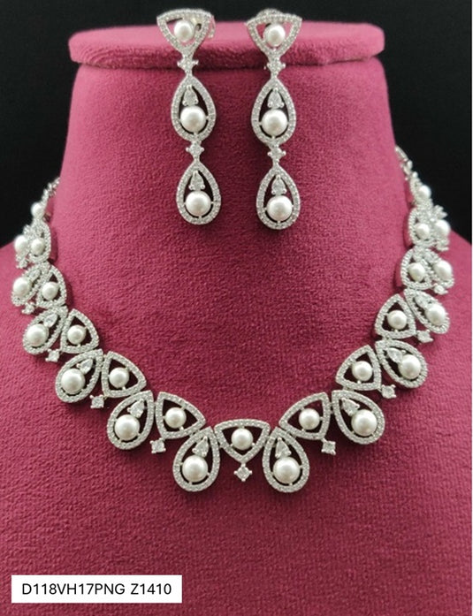 Premium AAA Grade Cubic Zircon/American Diamond Sets with Pearls - Necklace & Earrings