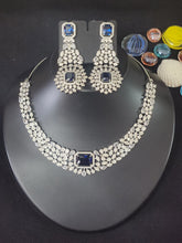 Load image into Gallery viewer, Premium AAA Grade Cubic Zircon / American Diamond Sets - Necklace &amp; Earrings Blue &amp; Red