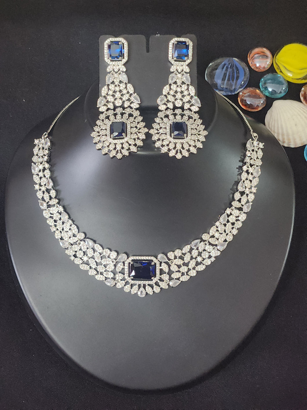 Premium AAA Grade Cubic Zircon / American Diamond Sets - Necklace & Earrings Blue & Red