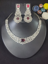Load image into Gallery viewer, Premium AAA Grade Cubic Zircon / American Diamond Sets - Necklace &amp; Earrings Blue &amp; Red