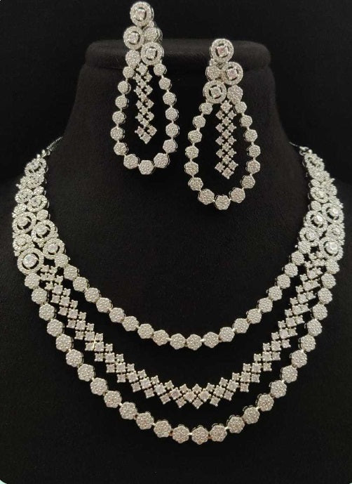 Premium AAA Grade Cubic Zircon/American Diamond Multiple Layered Set - Necklace & Earrings