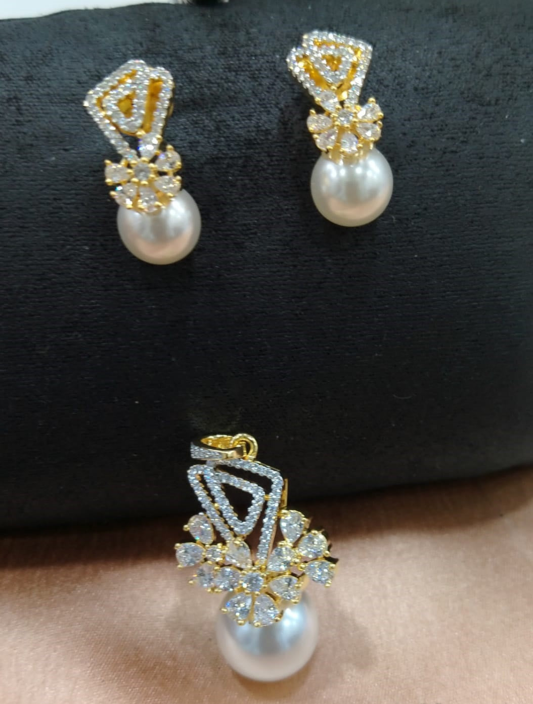 Premium AAA Grade Cubic Zircon/American Diamond Sets with Pearls - Pendant & Earrings