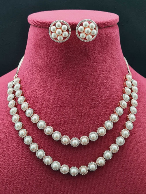 Premium AAA Grade Cubic Zircon/American Diamond Double Layered Set with Pearls - Necklace & Earrings