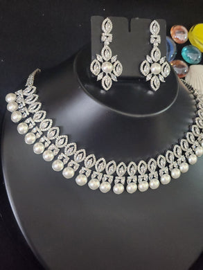Premium AAA Grade Cubic Zircon / American Diamond Sets with Pearls - Necklace & Earrings